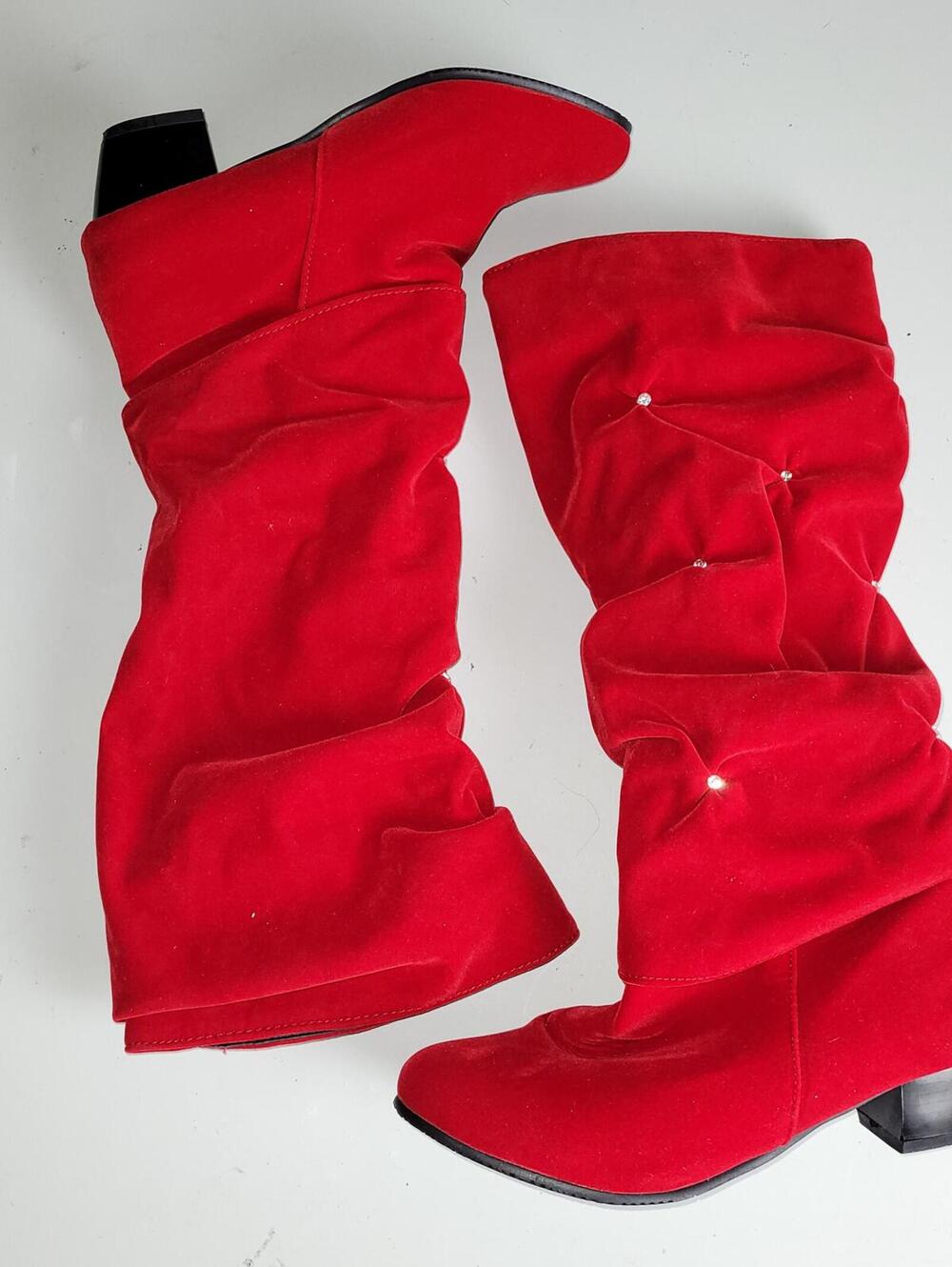 Red Velvet Slouch Boots with Rhinestones Size 10/42